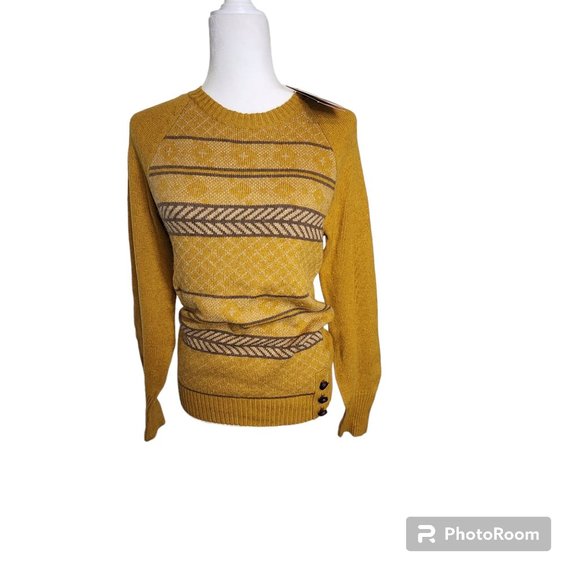 Prana Sweaters - #069. NWT Yellow and Grey Wool Geographic Pattern Crewneck Sweater with Woven Br